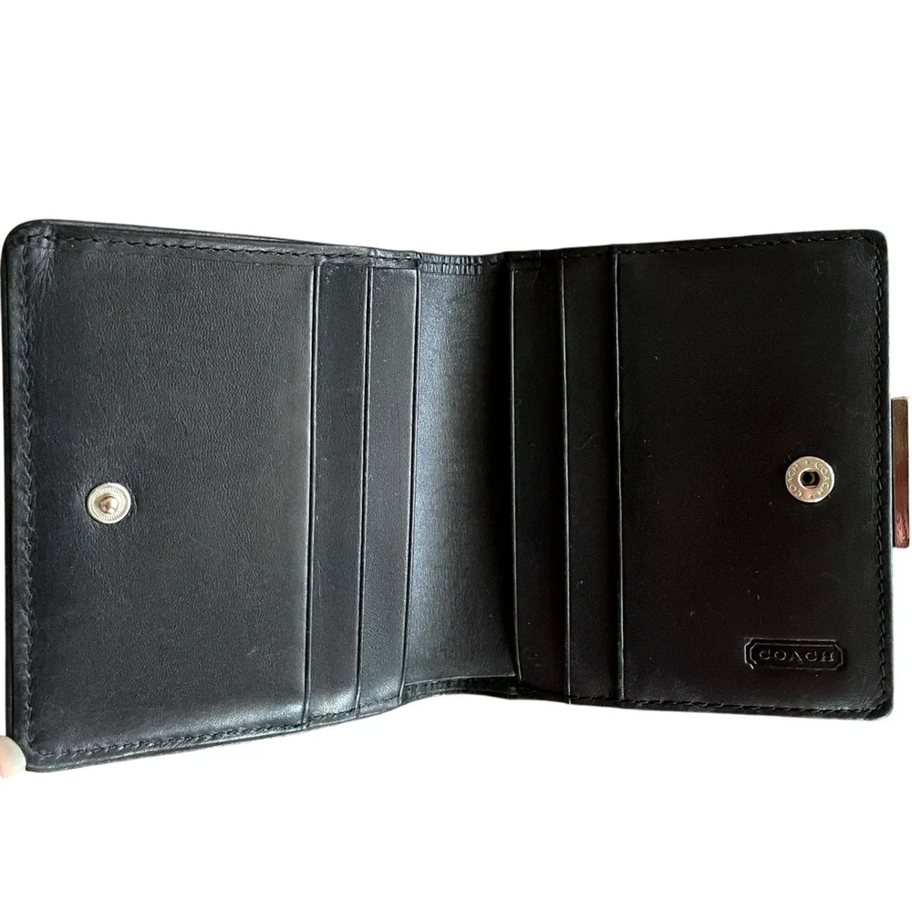 COACH Small Soft Black Leather Bi Fold Silver Coin Purse Wallet Cards Bills VTG - Picture 5 of 9